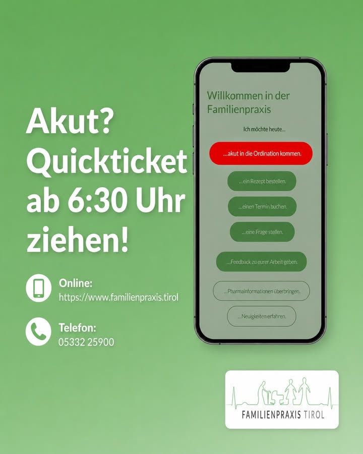 “Acil mi? Saat 6:30'dan itibaren Quickticket al!” — yanında Familienpraxis Tirol'un ana sayfasını gösteren bir telefon: “Bugün şunu istiyorum…”, kırmızıyla vurgulanmış “…acil bir durum için muayenehaneye gelmek” seçeneği ve altında diğer seçenekler. Solda iletişim bilgileri https://www.familienpraxis.tirol ve telefon 05332 25900.