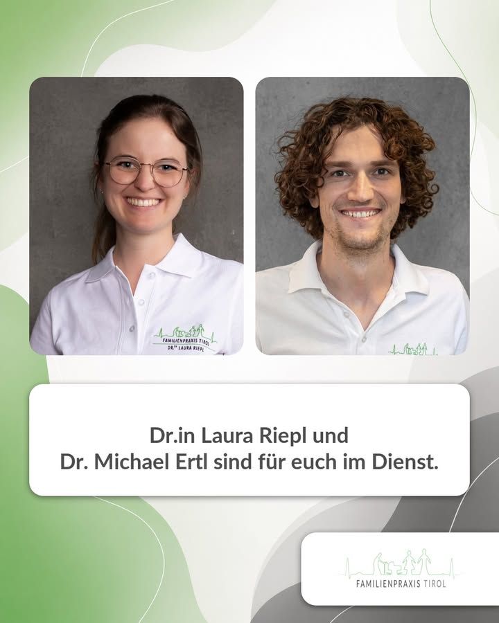 Two portrait photos side by side, both in white practice polo shirts against a grey wall. Below them it reads: Dr Laura Riepl and Dr Michael Ertl are on duty for you.