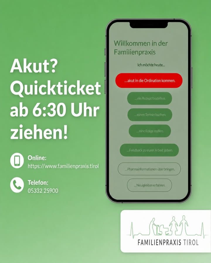 “Acute? Pull a Quickticket from 6:30 a.m.!” — beside it a phone showing the Familienpraxis Tirol home page: “Today I would like to…”, with the option “…come to the practice for something acute” highlighted in red and further options below. On the left the contact details https://www.familienpraxis.tirol and phone 05332 25900.
