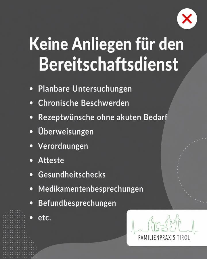 “Not reasons to use the on-call service”, on a dark grey background with a red X: examinations that can be scheduled, chronic complaints, prescription requests without acute need, referrals, prescriptions for aids, certificates, health checks, medication reviews, discussion of test results.