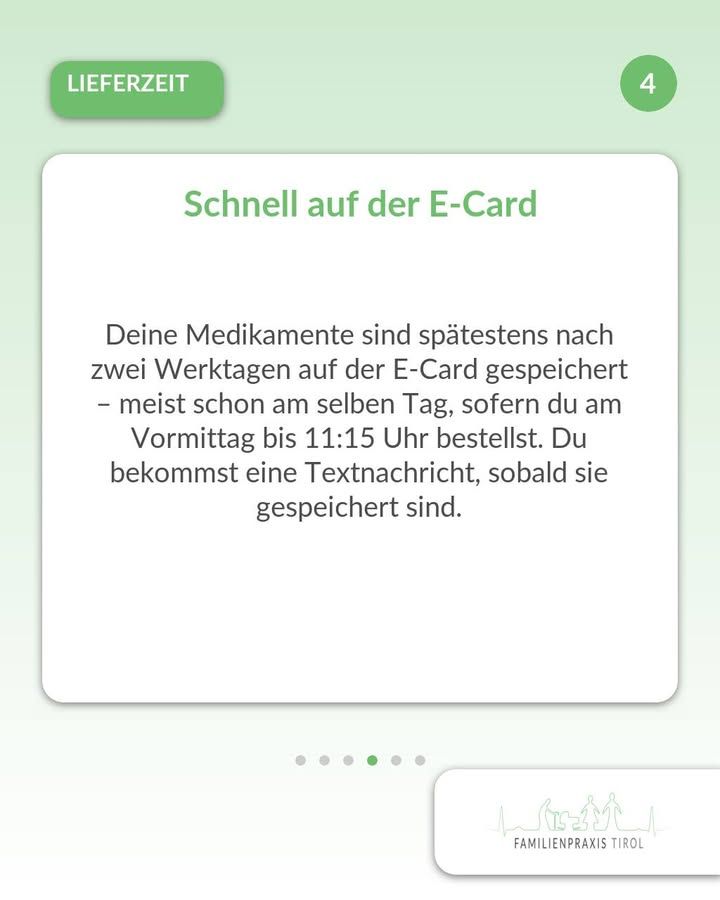 «Rápido en la E-Card» — cuarta tarjeta: tus medicamentos quedan guardados en la E-Card como muy tarde a los dos días hábiles, normalmente el mismo día si haces el pedido por la mañana hasta las 11:15 h. Recibirás un mensaje de texto en cuanto estén guardados.
