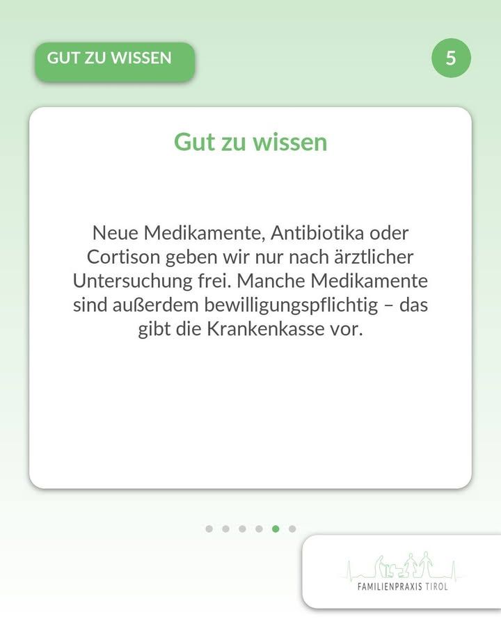 «Conviene saberlo» — quinta tarjeta: los medicamentos nuevos, los antibióticos o la cortisona solo se autorizan tras una exploración médica. Además, algunos medicamentos requieren autorización previa, así lo establece la caja del seguro de enfermedad.