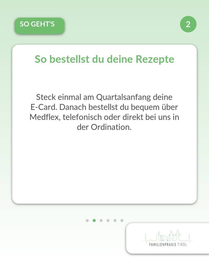 «Así pides tus recetas» — segunda de seis tarjetas: introduce tu E-Card una vez al inicio del trimestre y después pide cómodamente por Medflex, por teléfono o directamente en la consulta.