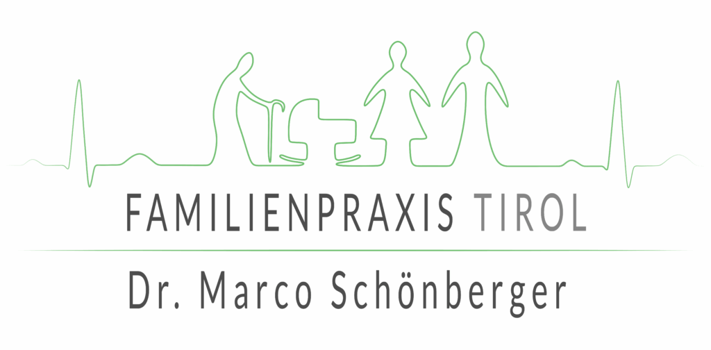 Logo der Familienpraxis Tirol, bestehend aus einer apfelgrünen stilisierten EKG Linie, welche einen Menschen mit Gehstock, eine Babywiege, eine Frau und einen Mann nachzeichnet