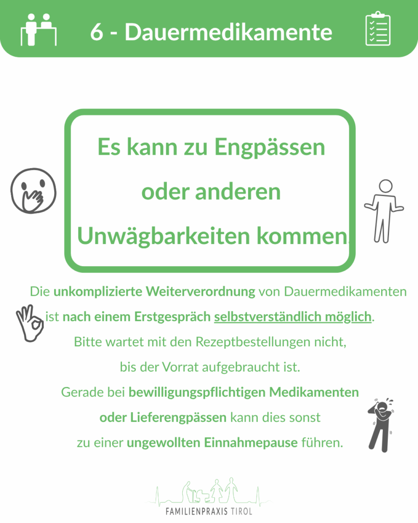 Information zu Dauermedikamenten: Erstgespräch erforderlich, rechtzeitige Rezeptbestellung empfohlen – Engpässe und Lieferprobleme möglich.