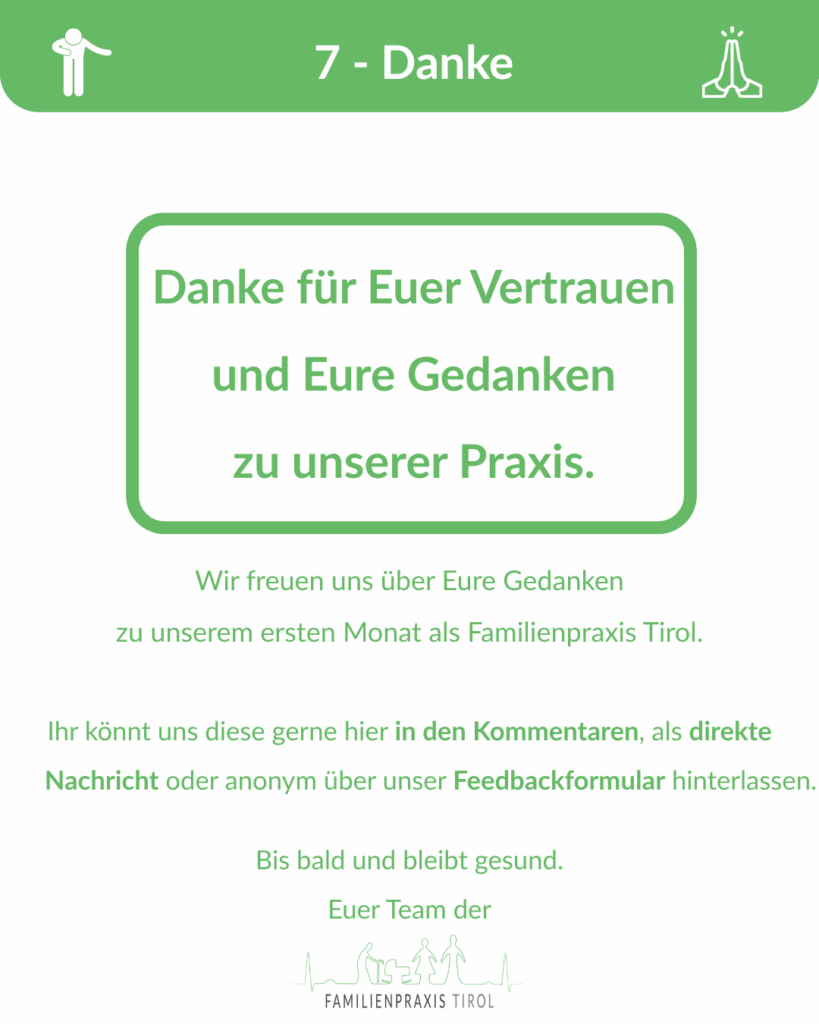 ankeschön zum Monatsrückblick: Die Familienpraxis Tirol freut sich über Vertrauen und Feedback der Patient:innen.